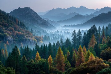 Obraz premium Embracing tranquility: a journey through foggy autumn woods. Film poster. Fog-laden autumn forest with bright splashes of colorful leaves. Poster design. Advertising photo.