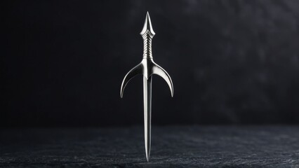 Minimalist silver trident (trishul) extreme close-up, set on a textured dark slate surface. Ideal for Hindu symbolism or cultural decor.