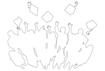 CAD Drawing. top view of outline students tossing caps in the air isolated on white background. Vector illustration.