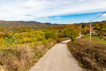 Country road in hilly area on an autumn day