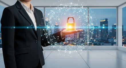 Person in black suit holding golden padlock within digital network sphere, representing data protection and security, with city background