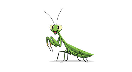 A cheerful green cartoon praying mantis with large eyes and folded front legs smiles on a clean white background, ideal for child-friendly content.