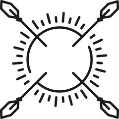 Black Line Art Sun Symbol With Crossed Oars and Rays Around It On A Transparent Background In A Circular Emblem Design