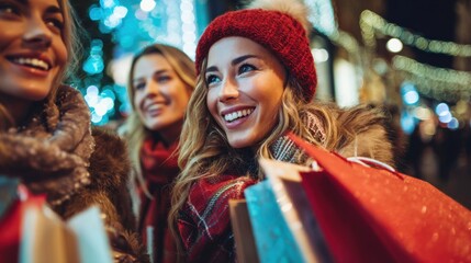 Smiling women shopping Christmas gifts in festive night street