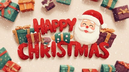 Cute Santa Claus illustration with gifts and Happy Christmas text
