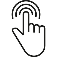 Black Line Art Icon of a Hand Touching a Screen with Concentric Circles Indicating a Tap or Click Action on a Transparent Background