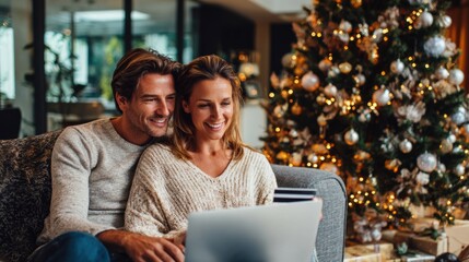 Couple shopping online on laptop while celebrating Christmas at home