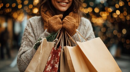 Close-up of woman holding holiday shopping bags on street