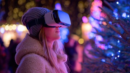 Young woman wearing VR headset with Christmas tree lights glowing