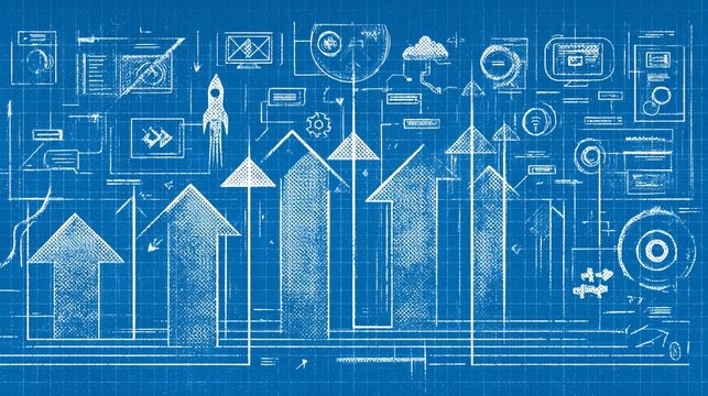 Blueprint of success with upward arrows, rocket launch, and technology icons for innovative business growth and future planning, a dynamic concept - Powered by Adobe