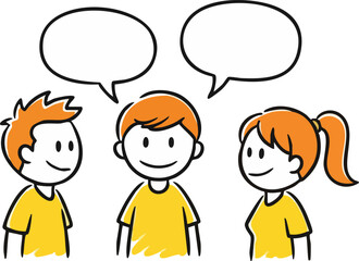 Stickman character set: three people talking and discussing. Isolated vector doodle illustration.