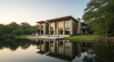 Obraz premium Contemporary lakefront property with architectural design reflected in calm water
