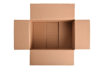 Opened cardboard box on a white background. top view