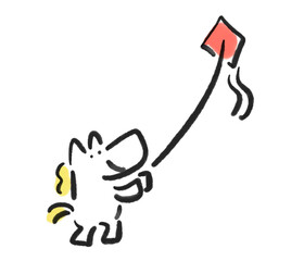 凧あげをして遊ぶ白馬　正月素材・墨絵