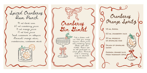 Retro Christmas cocktail recipe cards with hand-drawn festive drinks. Cranberry rum punch, gin gimlet, and orange spritz. Whimsical doodle style with vintage holiday design. Vector illustration.