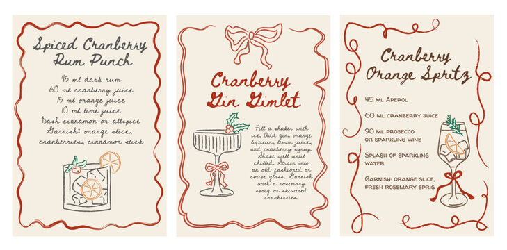 Retro Christmas cocktail recipe cards with hand-drawn festive drinks. Cranberry rum punch, gin gimlet, and orange spritz. Whimsical doodle style with vintage holiday design. Vector illustration.