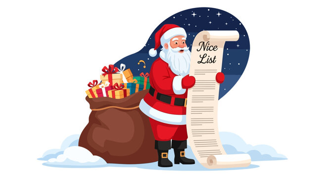 A cheerful cartoon Santa Claus reading a long nice list scroll, standing next to a sack full of Christmas gifts and presents