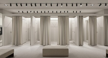 Elegant dressing rooms with soft neutral tones and modern track lighting showcase chic retail space
