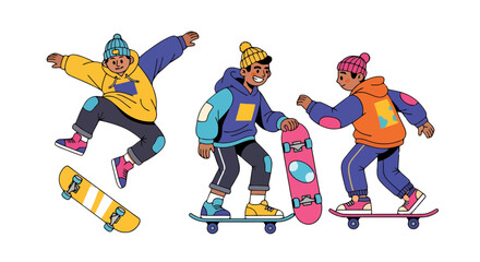 Illustration Of Friends Skateboarding Against a Black Background Showing Movement and Fun