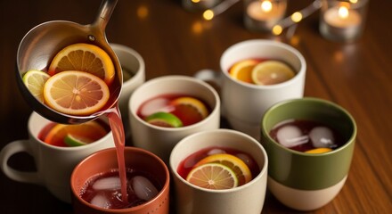 Festive drink being poured into colorful mugs with citrus slices and ice on a wooden table with warm lights