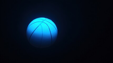 Basketball, glowing blue, against dark background, front view, copy space