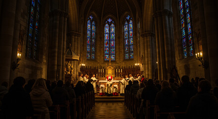 A realistic photo of a midnight Christmas mass in an old Gothic church