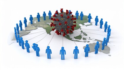 Wooden figurines connected by strings around central red virus model, symbolic network of transmission with isolated figure, conceptual representation of contagion and social distancing on dark gradie