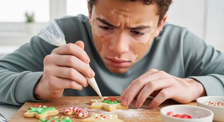 A young man with vitiligo intently decorates Christmas cookies, icing them on a wooden board. The Christmas cookies add warmth to the home, and the man remains focused as he prepares for the New Year.