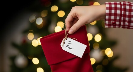 Hand holds red Christmas stocking with a blank tag against bokeh Christmas tree lights
