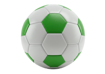 Isolated closeup of a green and white soccer ball, classic sphere with hexagonal pattern