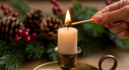 Hand lighting candle in brass holder with pinecones berries green branches background