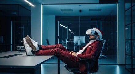 Office christmas party shows man with virtual reality headset and santa hat in modern office setting.