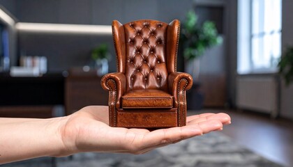 Miniature tufted brown leather armchair with rolled arms resting on human palm, surreal scale contrast against dark gray gradient background, detailed craftsmanship focus.