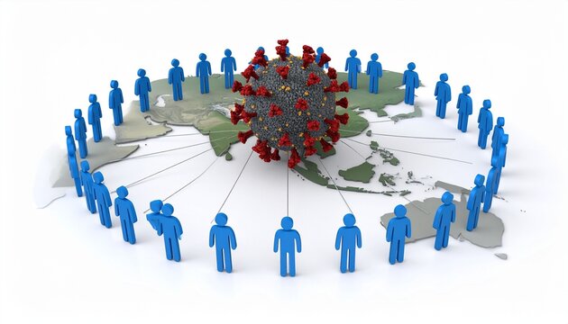 Wooden figurines connected by strings around central red virus model, symbolic network of transmission with isolated figure, conceptual representation of contagion and social distancing on dark gradie