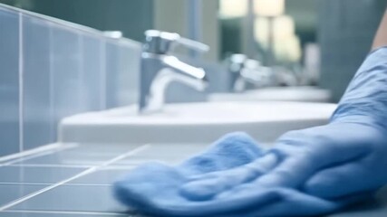 A person in blue gloves meticulously cleans a tiled bathroom countertop with a cloth, showcasing attention to hygiene and cleanliness in a modern, well-lit space