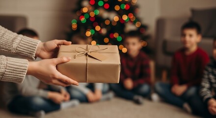Hands present a wrapped gift Children sit before a lit tree in the blurred background