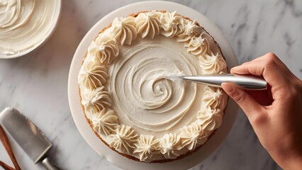 A cake being decorated with white buttercream icing, piped into decorative swirls around the edge. Concept Cake Decorating, Buttercream Icing, Piped Swirls, Edible Art