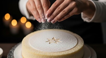 Hands sprinkle confectioners sugar onto a cake with a star stencil set against blurred warm lights