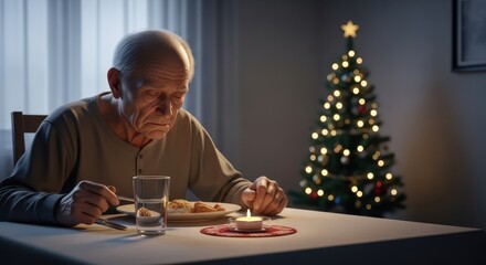 Elderly man alone for christmas dinner at home near christmas tree, enjoying christmas time. Lonely elderly man near christmas tree, dining at home for christmas,