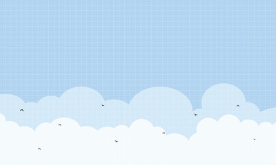 Cute kawaii sky with clouds and birds grid background