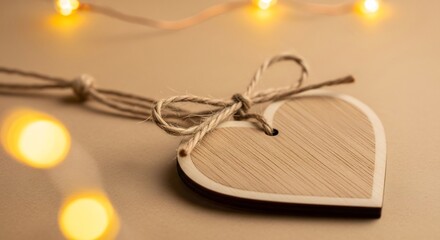 Heartshaped wood tag tied with twine bow soft lighting with bokeh