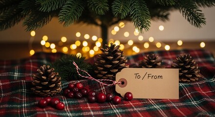 Holiday gift arrangement pinecones cranberries tag ToFrom under a Christmas tree skirt  lights