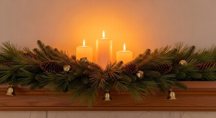 Holiday mantel decoration with three lit candles garland pinecones and golden bells