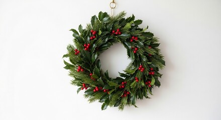 Holly wreath with red berries hangs on a white wall attached by a gold loop