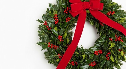 Holly wreath with red ribbon and berries on a white background