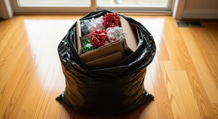 Discarded wrapping paper discarded wrapping paper and cardboard box after holiday celebrations. Discarded wrapping paper in black trash bag,