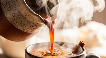 Hot drink pours into mug with cinnamon stick steam rises