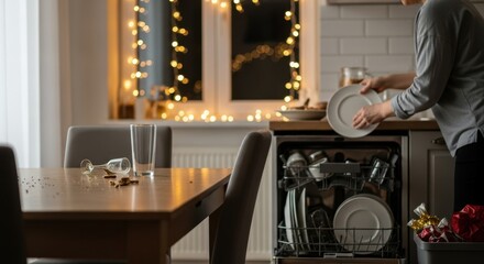 Loading dishwasher after christmas dinner, woman loads dirty plates into dishwasher, preparing for new year celebration. After christmas cleanup involves tidying dishes after family meal,