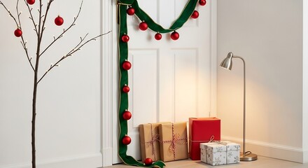 Interior features a decorated door presents lamp  lit tree branch