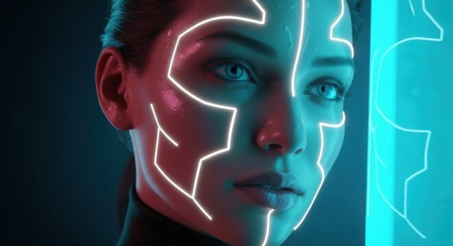 futuristic woman with glowing circuit makeup and neon lighting